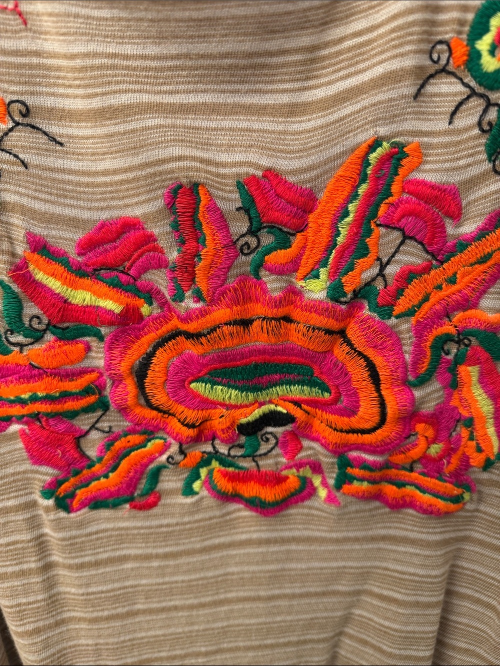 Free People Beige Striped Short Sleeve Top with Pink & Orange Floral Embroidery - Picture 8 of 9